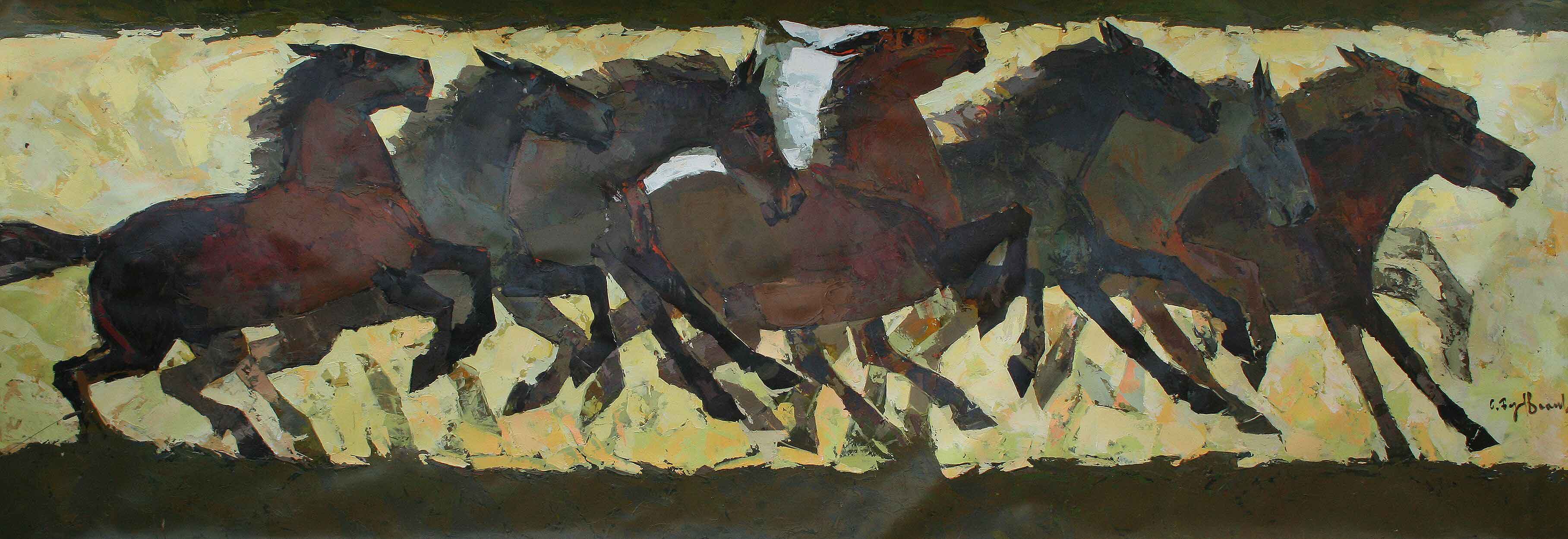作品表现了马群中各种姿态的马